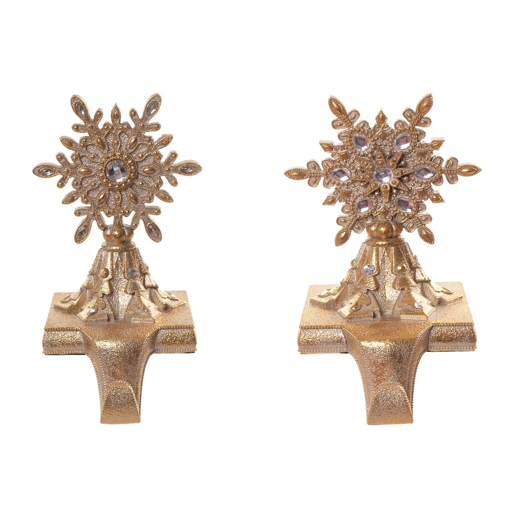 Set of 2 Gold Jeweled Snowflake Stocking Holder 9"