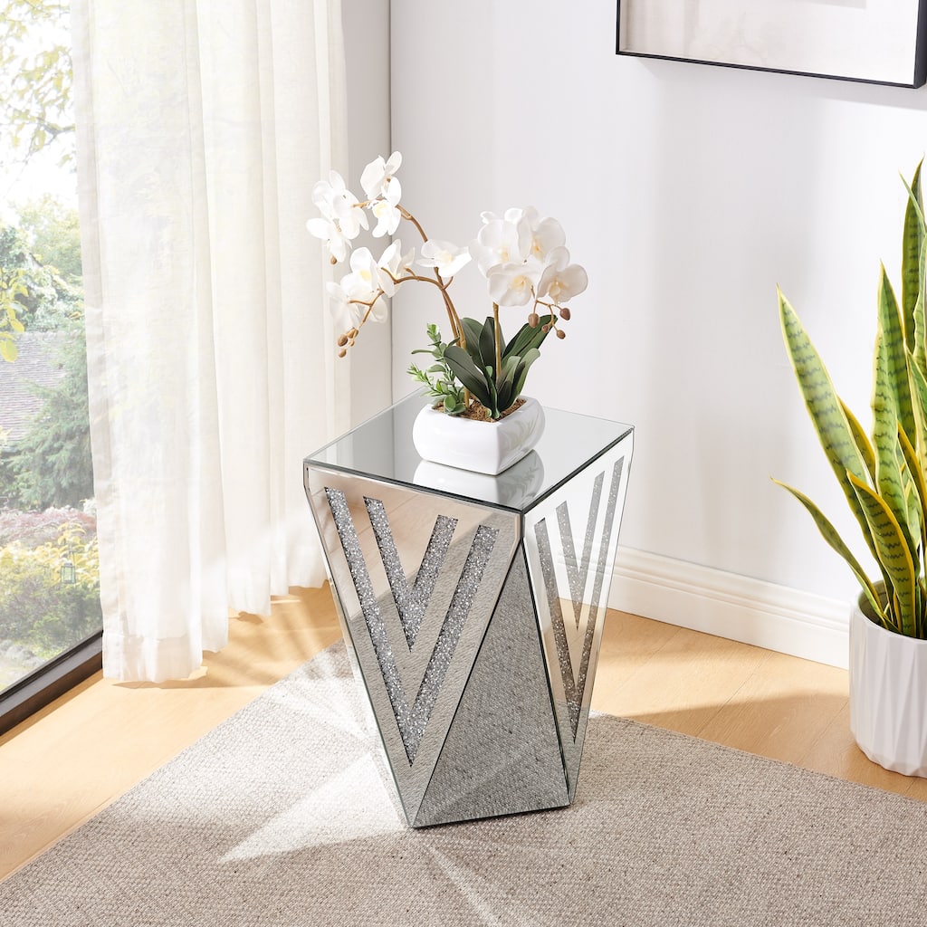 Inverted triangular mirror square table, crystal diamond inlaid coffee table, silver glass side table suitable for corridors