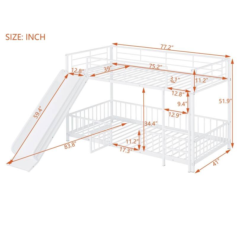 Twin over Twin / Full over Full Size Metal Bunk Bed with Slide and Ladder, Kids Bed Frame with Guardrails and Small Gate