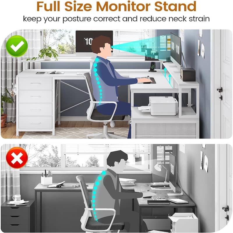 L Shaped Home Office Desk with 6 Drawer File Drawer Power Outlet