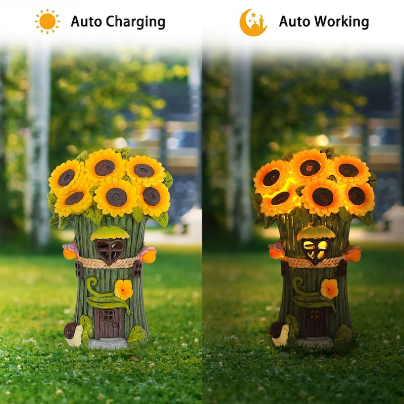 Solar Garden Statues Sunflower House with LED Light