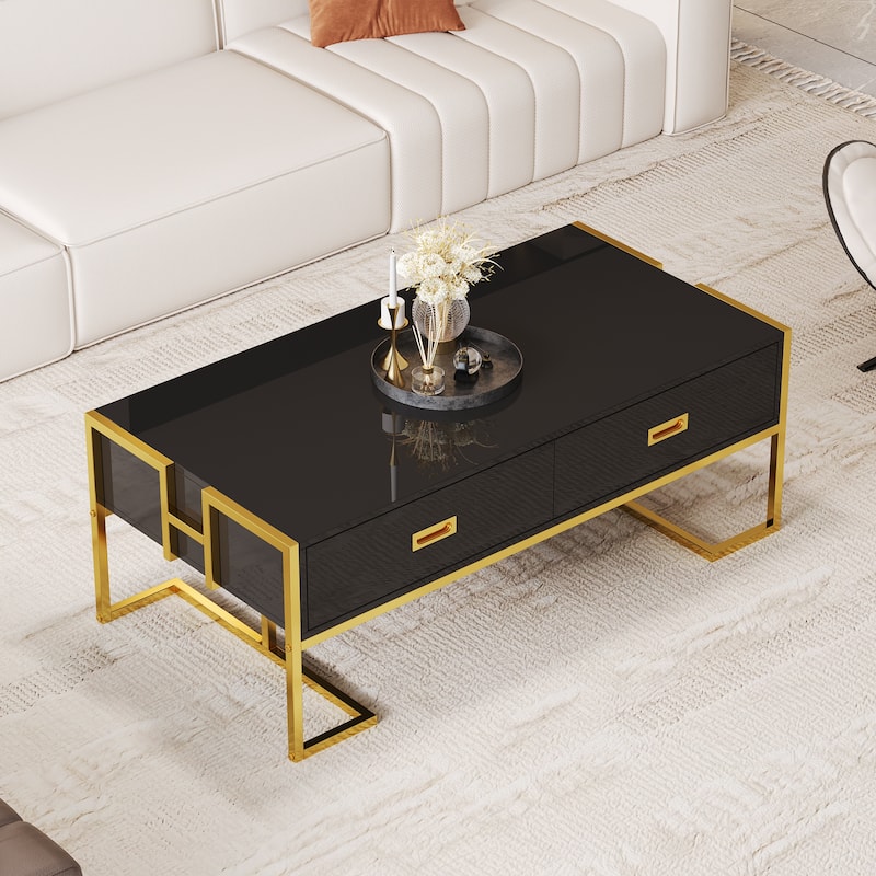 Modern Rectangular Coffee Table with 4 Drawers and Gold Base in 47.3"