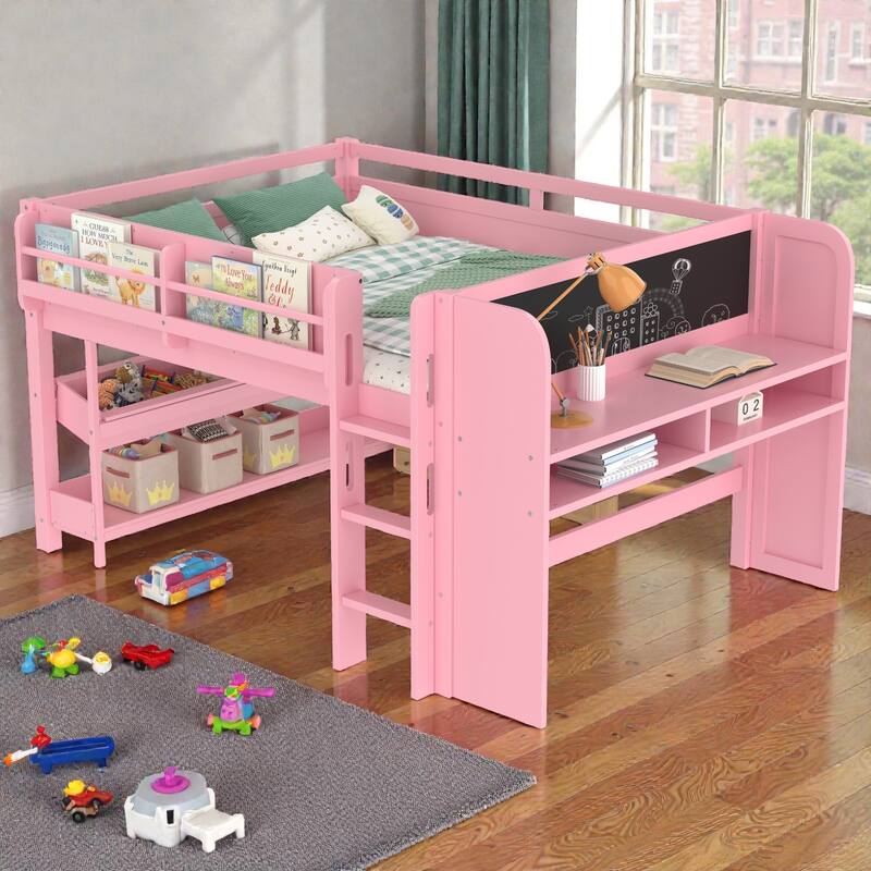 Low Loft Bed with Desk, Storage Bookcases, Drawers & Boxes, Solid Wood Kids Loft Bed with Blackboard Shelf