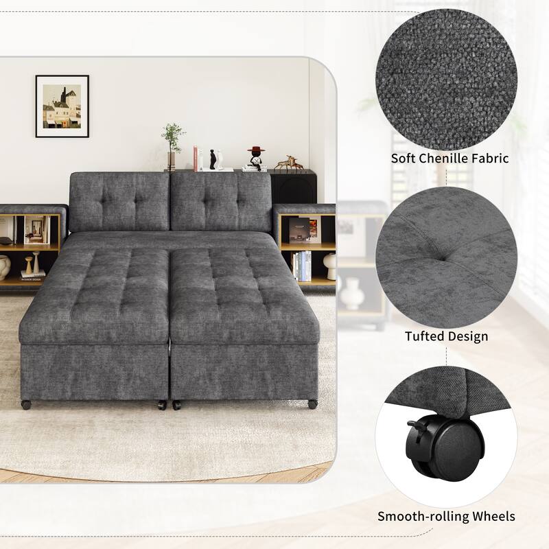 Modern Modular Sofa Bed with Built in Storage Racks and Chenille Upholstery and multiple wheels for Living Room