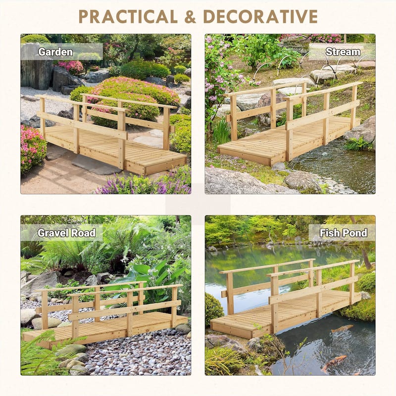 Wooden Garden Bridge with Safety Rails Backyard Footbridge