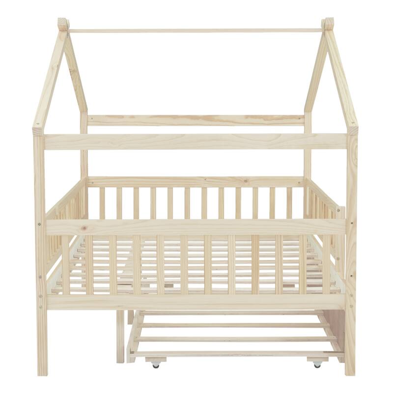 Full Size Wooden House Bed with Twin Trundle, Natural Finish