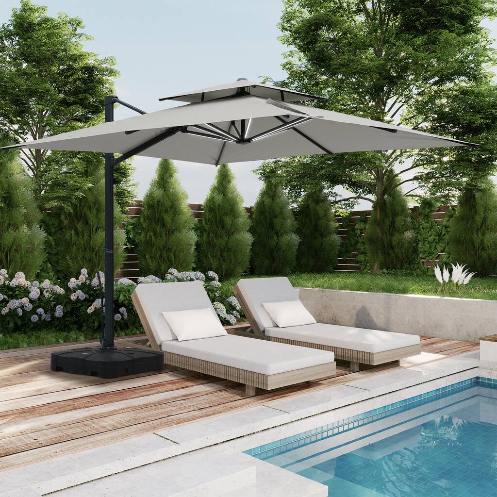 10ft Aluminum Square 2-Top Cantilever Market Umbrella with Base & Lights