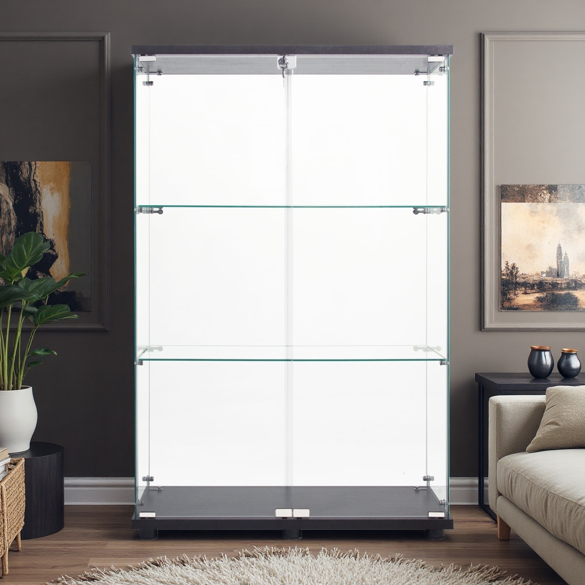 49" Glass Display Cabinet with Two Doors, 3 Shelves, Tempered Glass & Solid Wood Construction, Modern Storage Cabinet