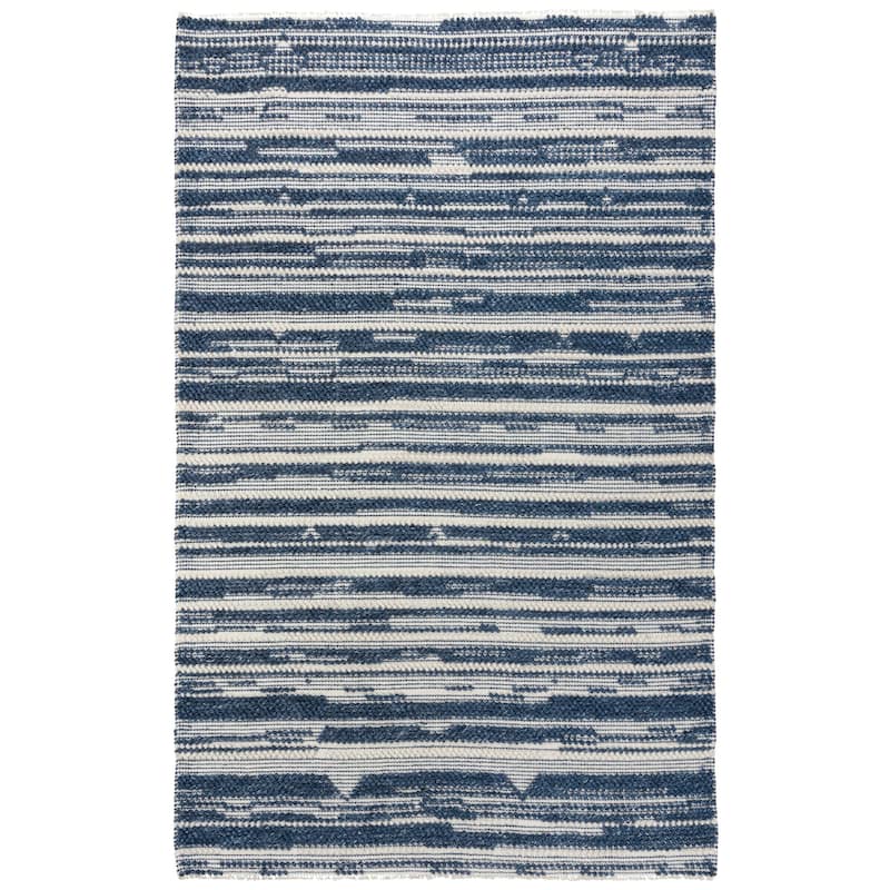 Alora Decor Sun Ivory and Blue Striped Hand-woven Wool Blend Rug