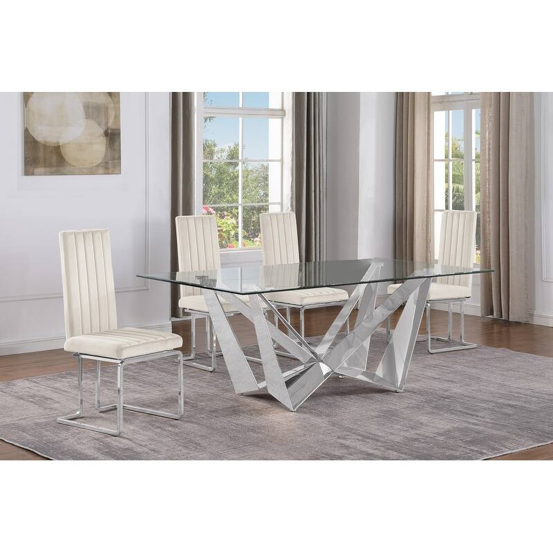Best Quality Furniture D400/1-SC340-7 Dining Set with 78" 12mm Glass with Bevel - 5-Piece - Cream / Silver