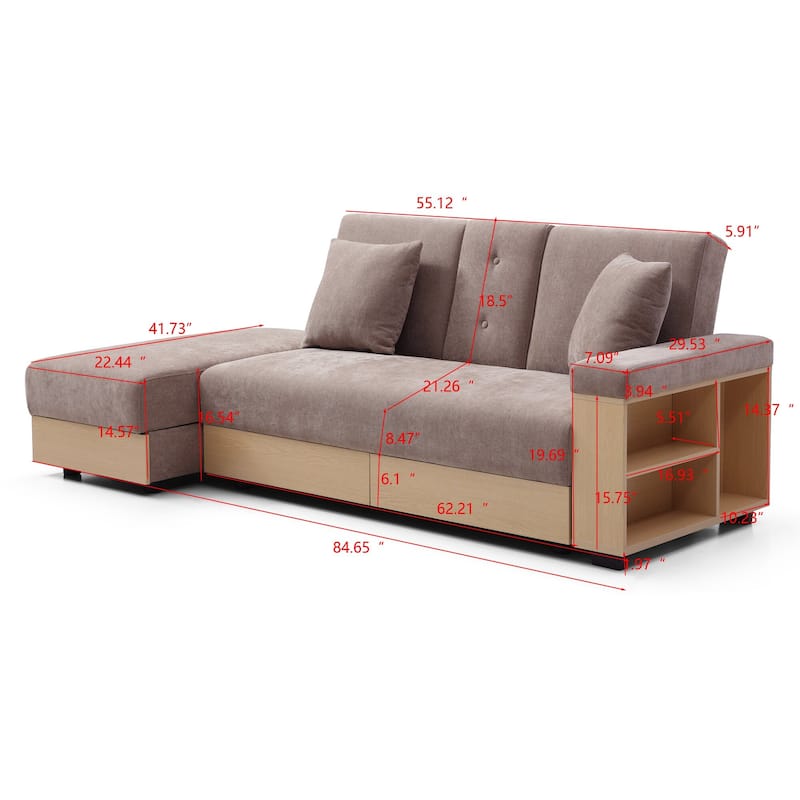 Convertible Sleeper Sofa Bed, Loveseat Couch with Storage Ottoman, Reversible Armrest Box & Drawer, Drop-Down Table, Cup Holders