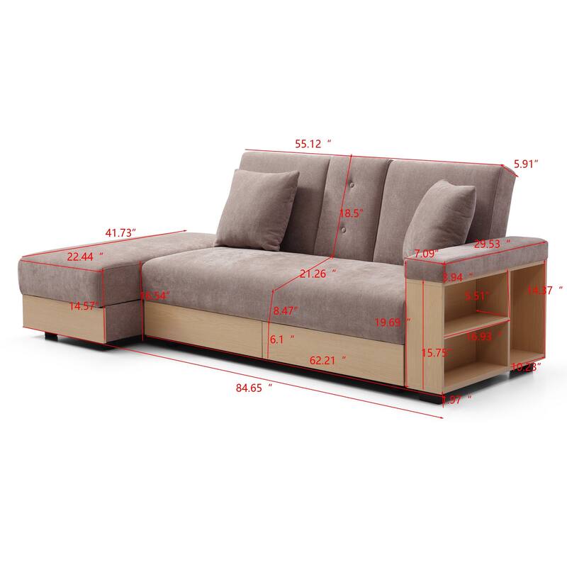 Multifunctional Double Folding Sofa Bed,Storage Ottoman And Sofa Arm With Box And Drawer,Drop Down Table With 2cup Holders