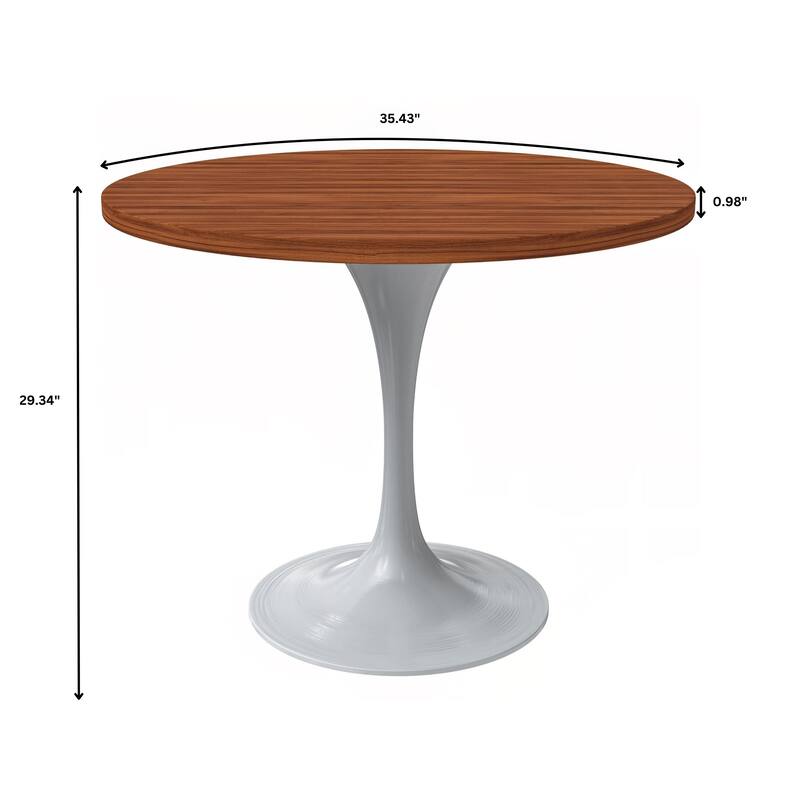 LeisureMod Verve 36" Round Dining Table with MDF Wood TableTop and White Steel Base for Kitchen & Dining Room