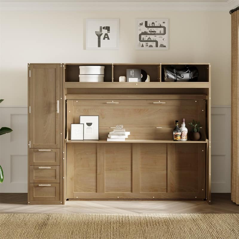 Full Size Murphy Bed Wall Bed with Bulit-in Wardrobe and 3 Storage Drawers, Folding Murphy Cabinet Bed with Open Shelves