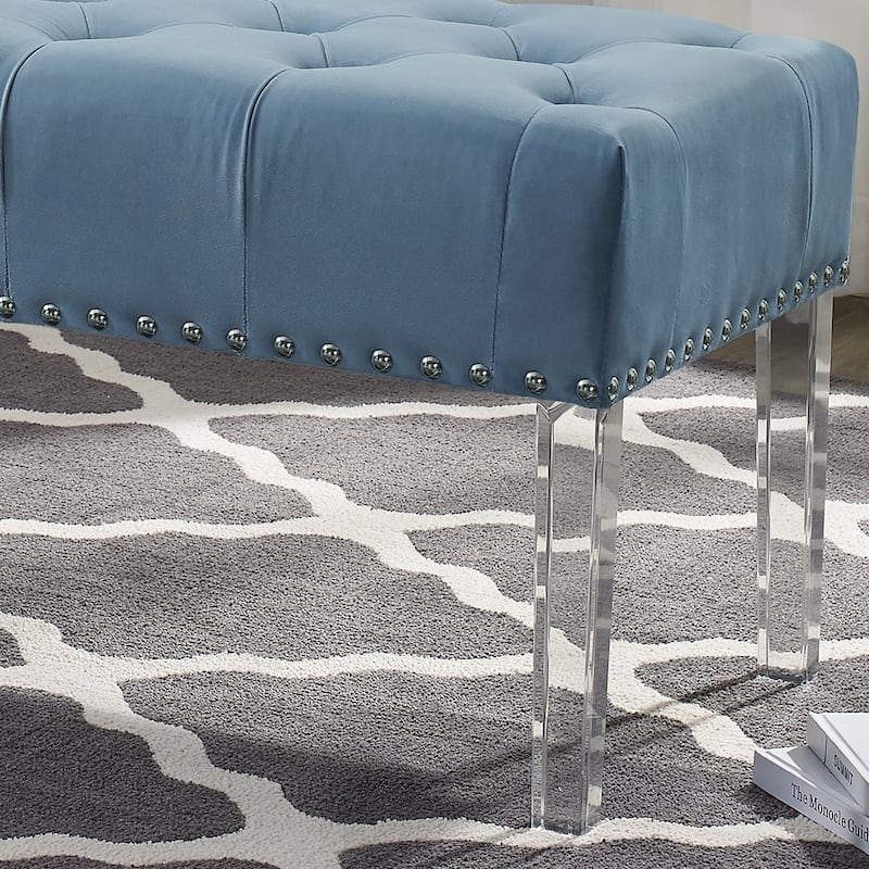 Valley Button Tufted Velvet Upholstered Bench with Acrylic Leg, Blue