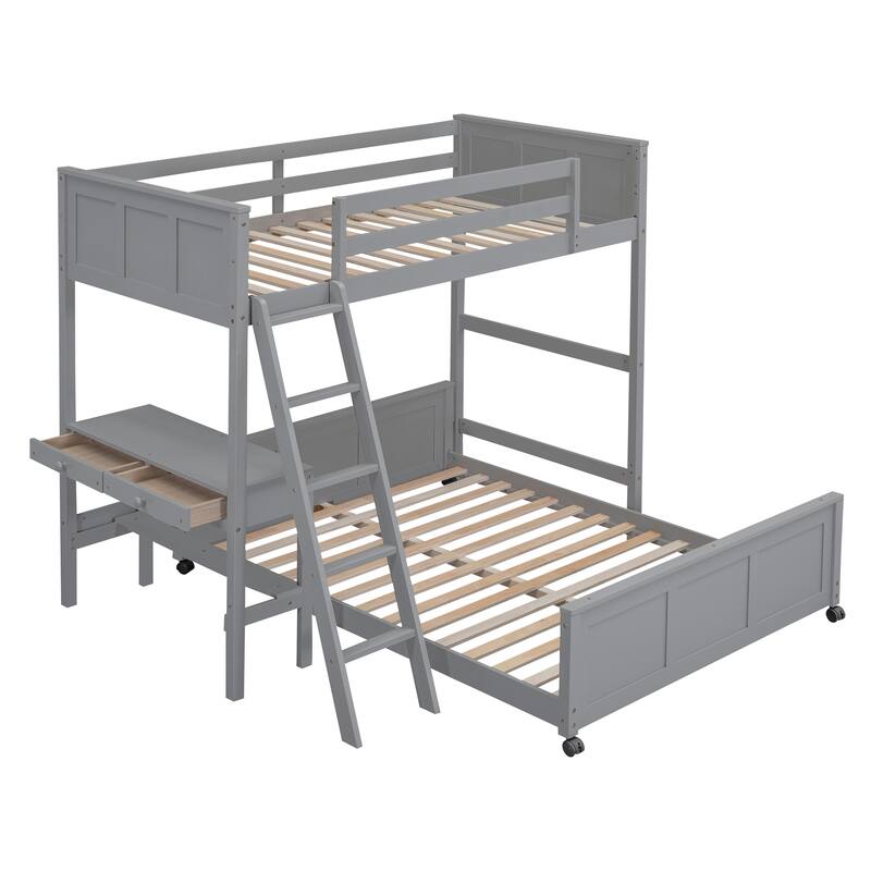 Space-Saving Twin Over Full Bunk Bed with Desk and Drawers - Solid Pine Construction, White/Grey