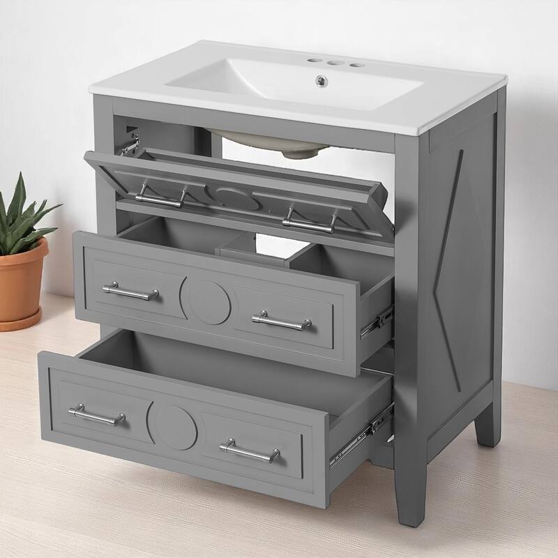 30" Bathroom Vanity with Ceramic Sink, 3 Drawers, Solid Wood Frame,Retro Cabinet, Pre-Drilled for 4" Faucet, Storage Organizer