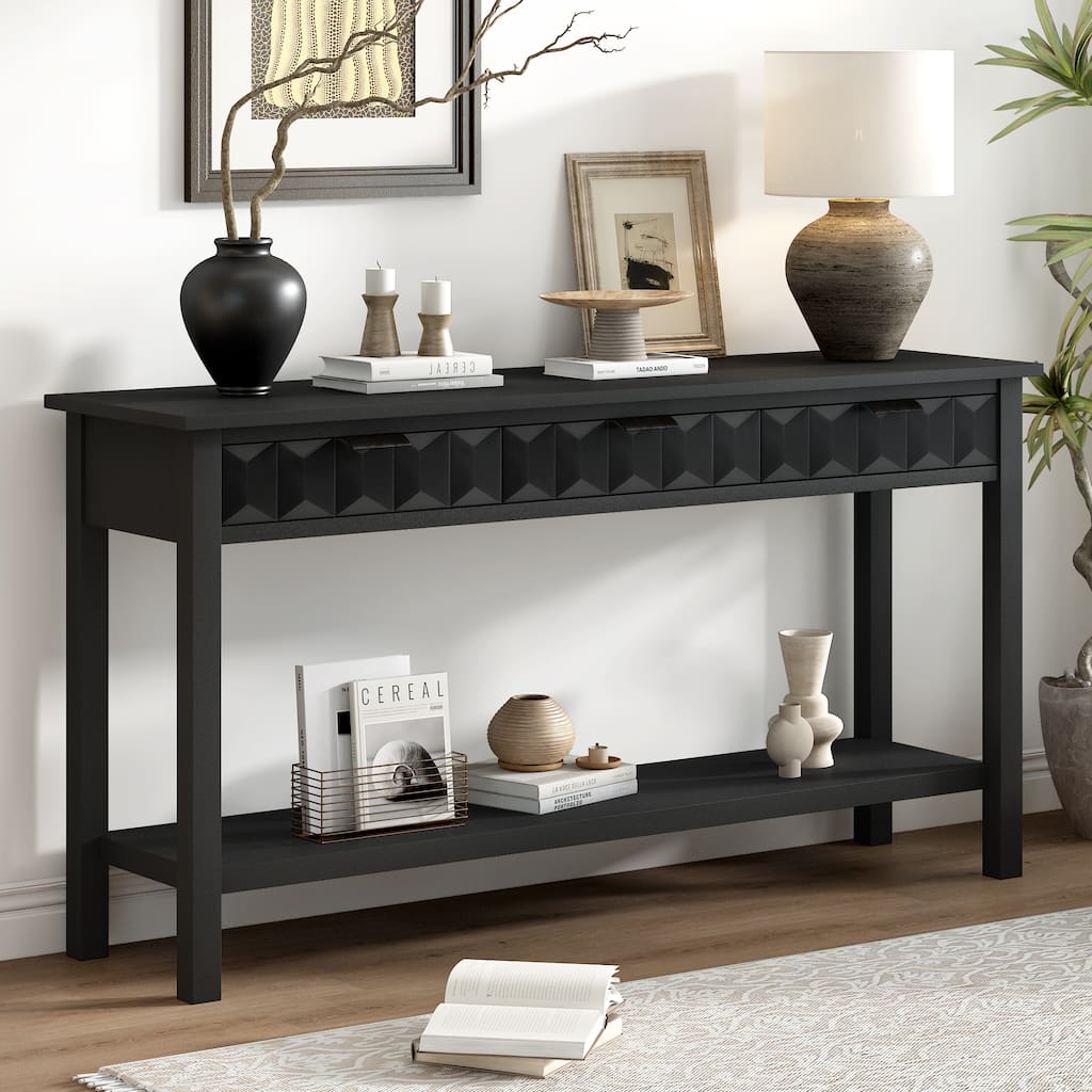 Console Table with Open Storage Shelf, Narrow Long Sofa Table with Drawers, Entryway Accent Table with Wooden Frame