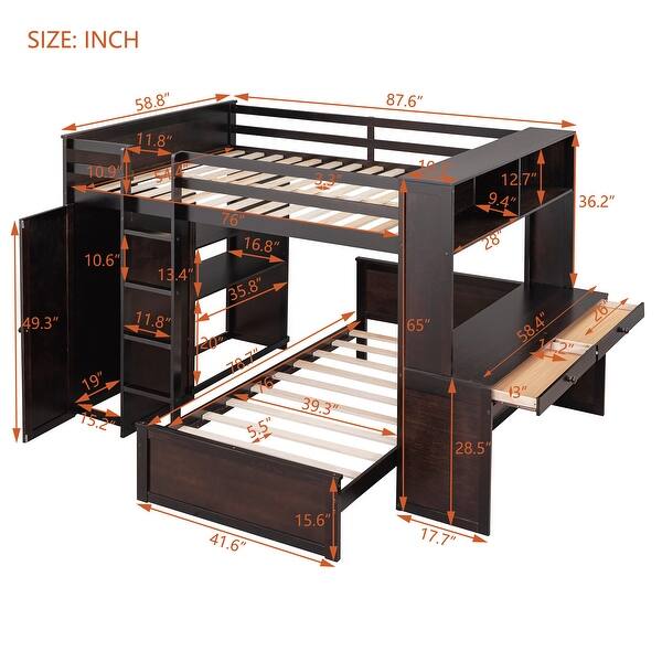 dimension image slide 1 of 3, Full size Loft Bed With Twin Size Stand-alone Bed,Shelves,Desk And Wardrobe