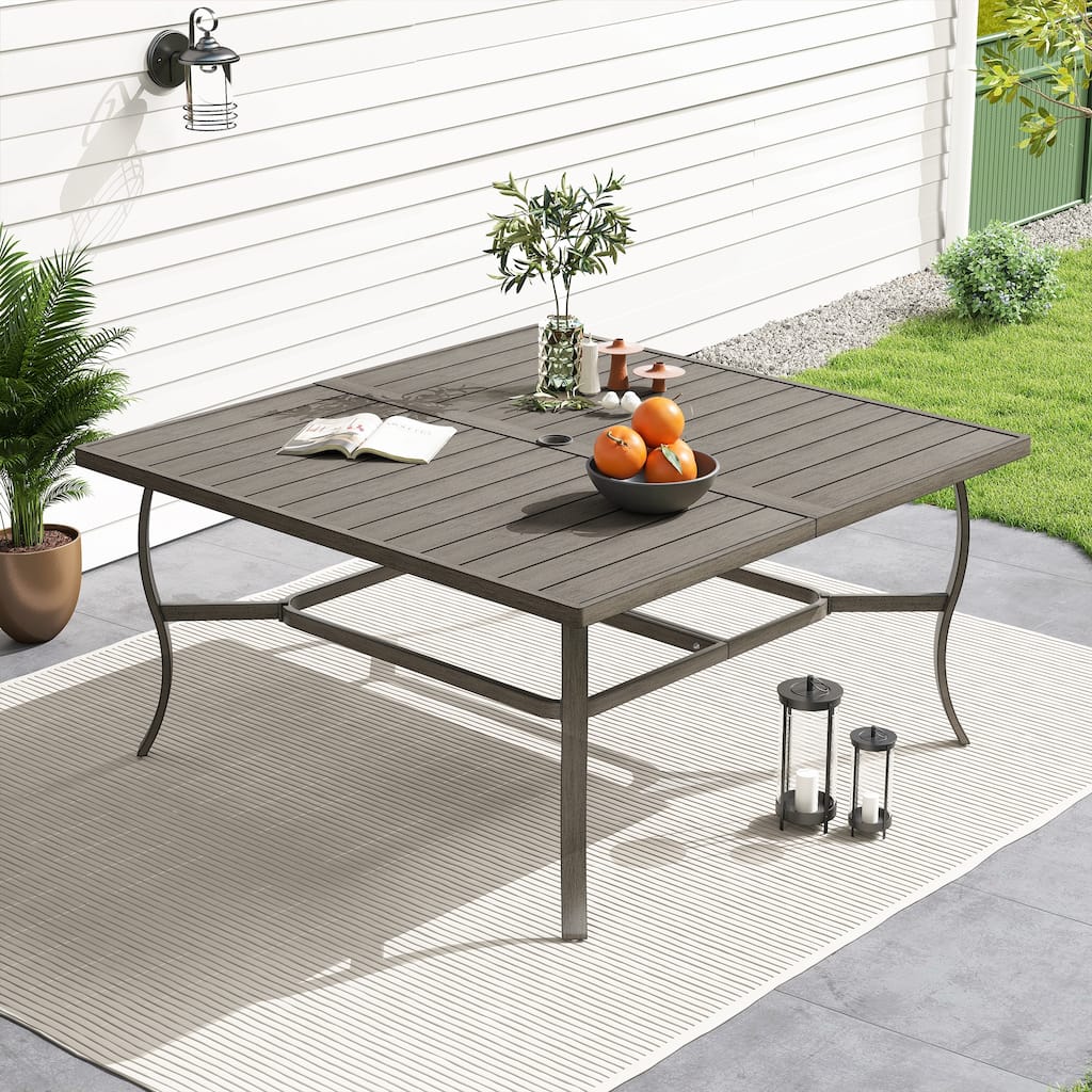 AluLux 59" Square Gray Aluminum Outdoor Dining Table with Umbrella Hole