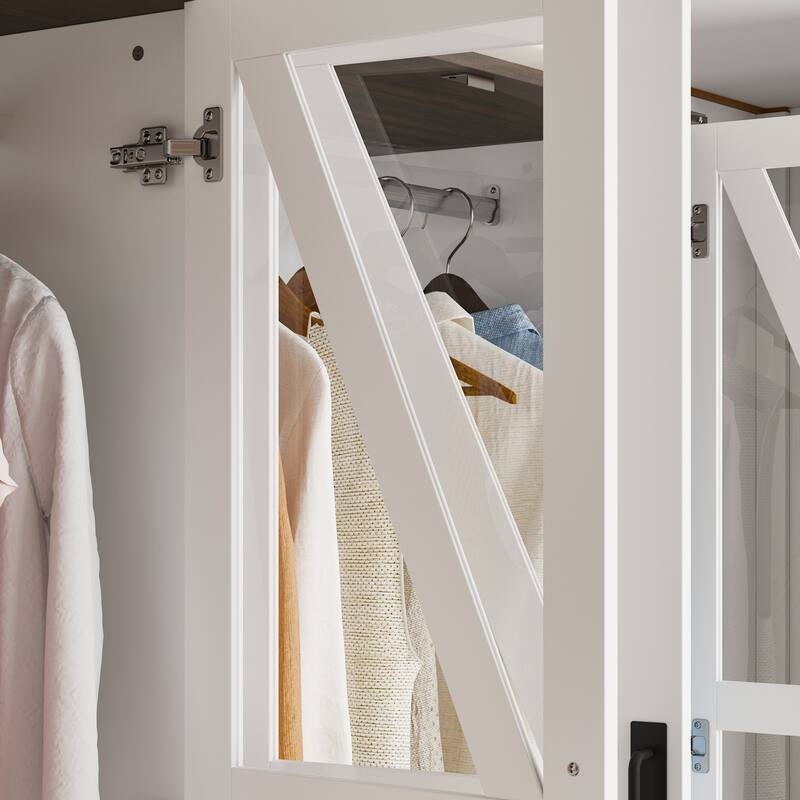 Wardrobe Closet with Glass Doors, 6 Cabinets, 2 Drawers & LED Hanging Rods Bedroom Armoire Storage Organizer