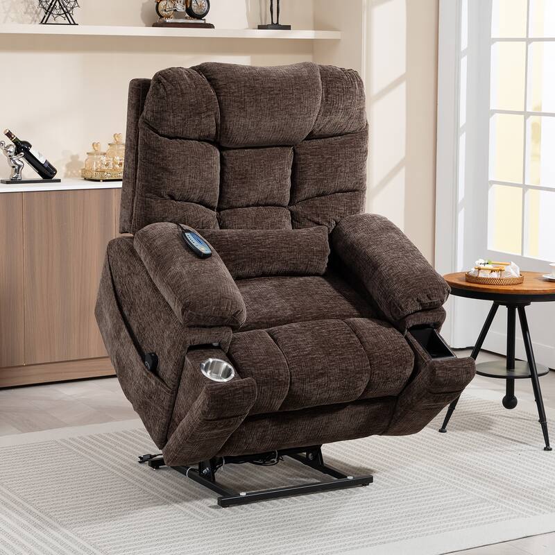 Flagship Dual Motor 26" Oversized Chenille Power Lift Recliner Chair - Brown