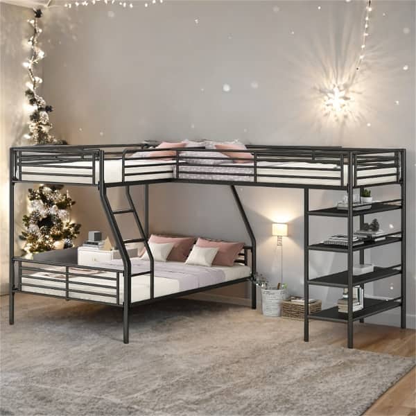 slide 2 of 12, L-Shaped Metal Twin Over Full Bunk Bed with Twin Size Loft Bed and Four Built-in Shelves in Black Black