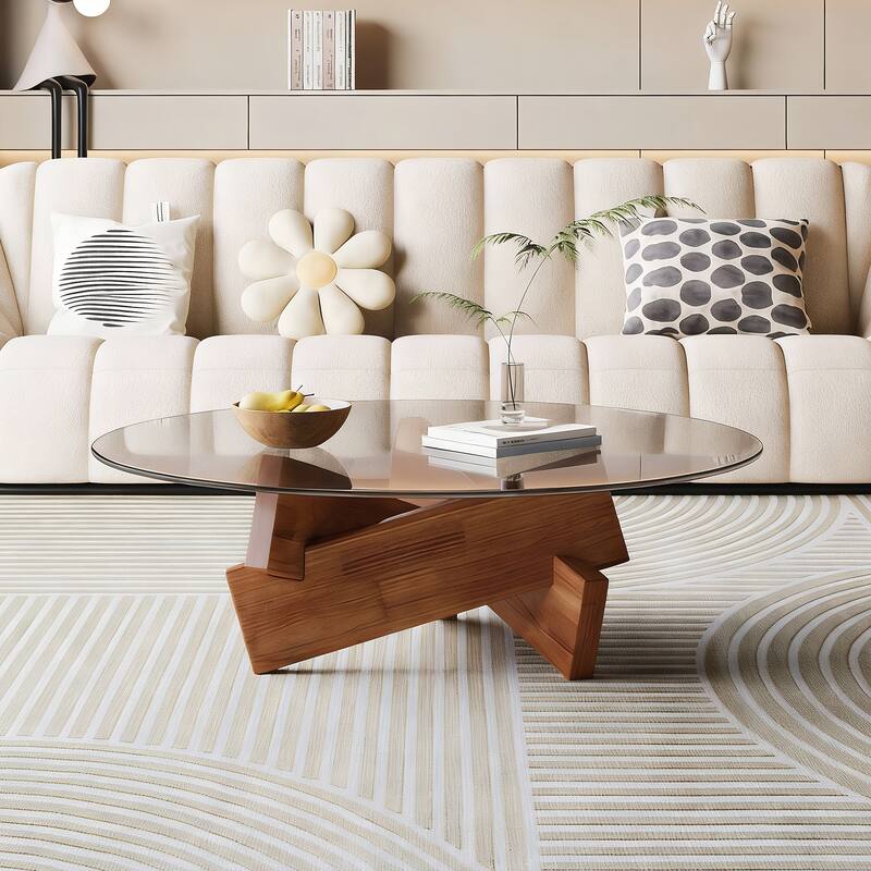 27.5" Mid-Century Modern Round Coffee Table with Tempered Glass Top & Walnut Wood