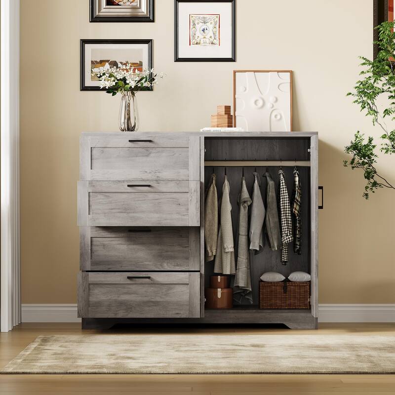 43.3" Armoire Wardrobe Closet with 4 Drawers & 2 Doors, Hanging Rod, Compact Wooden Storage Cabinet for Bedroom
