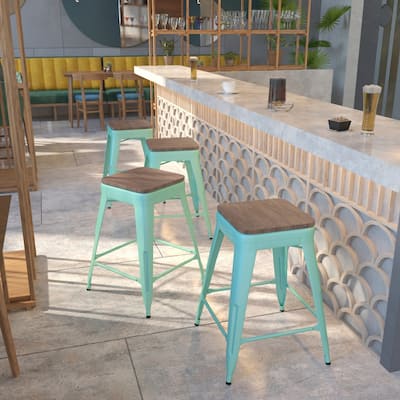 4 Pk. 24" High Backless Counter Height Stool with Square Wood Seat