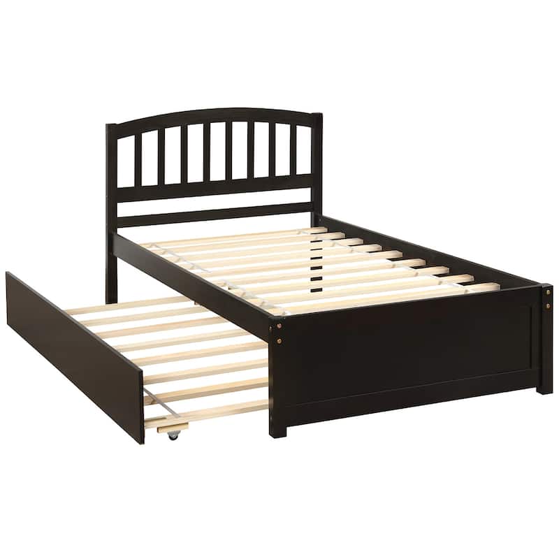 Twin Size Wood Platform Bed Frame with Trundle, Minimalist Design, Solid Pine Construction, Espresso Finish