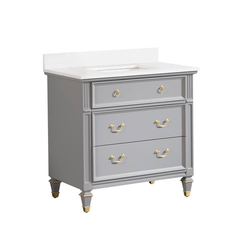 35'' H X 36'' W Solid Wood Bath Vanity with Stain-resistant Carrera White Quartz Top and Single Sink