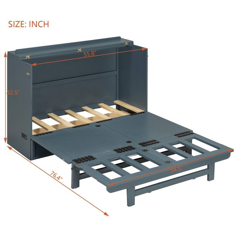 Full/Queen Size Murphy Bed with a Large Storage Drawer, Modern Wall Bed Foldable Murphy Cabinet Bed with USB Ports and Outlets