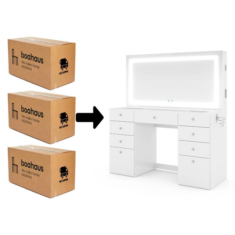 Smart Makeup Vanity Desk with LED Lighted Mirror, Bluetooth Speakers, Glass Top & 11 Drawers, White