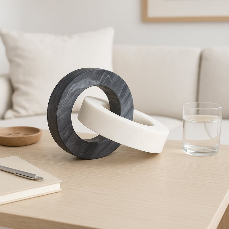 Double Ring Marble Sculpture for Home Decor - Decorative Objects for Home Decor - 8" - 8" x 5" x 6" - Marbled White