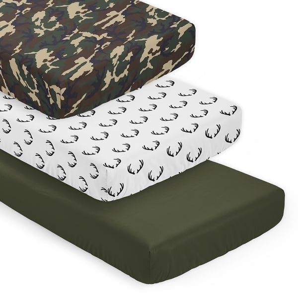 slide 2 of 6, Sweet Jojo Designs Woodland Camo Deer Boy 3 Pack Fitted Crib Sheets - Solid Forest, Green Army Camouflage & White/Black Antler