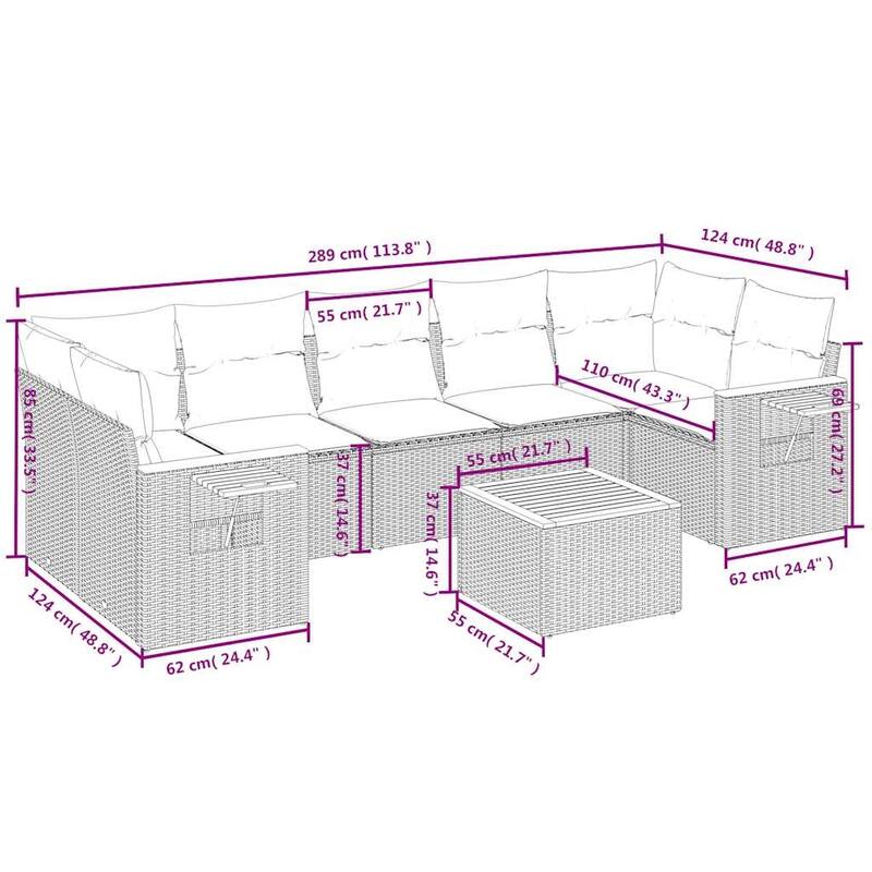 vidaXL 8 Piece Patio Sofa Set with Cushions Grey Poly Rattan (US only) - 113.8x33.5x70.5