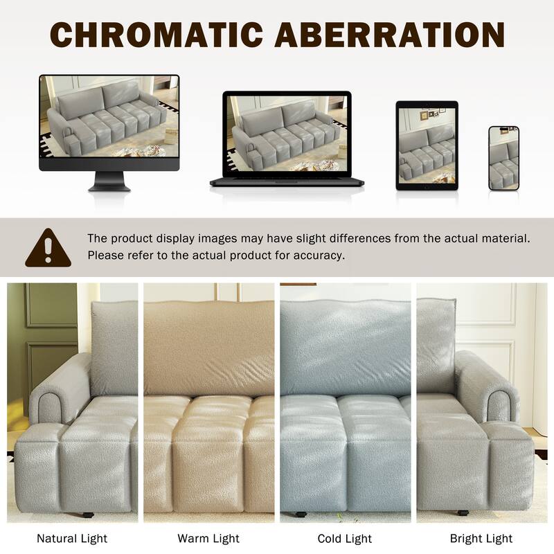 Homy Casa 90" 4-Seater Teddy Fabric Sofa with Hidden Seat Storage, 3-in-1 Convertible Sleeper Couch, Beige/Grey/Black