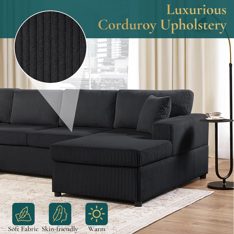 115.3" Corduroy U-Shaped Sectional Sofa with Chaise Lounge and Throw Pillows