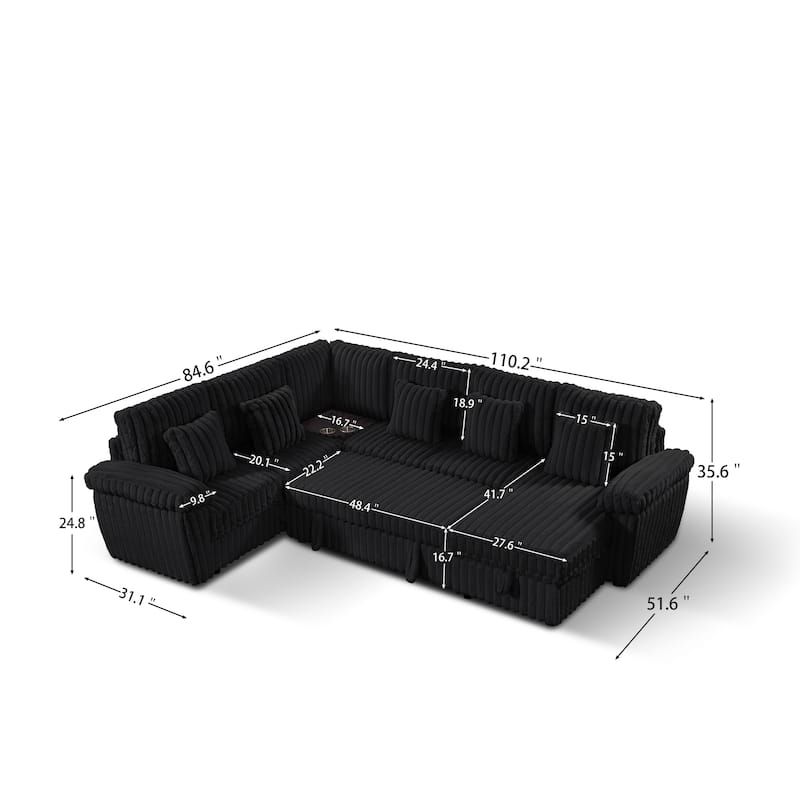 U-Shaped Corduroy Sectional Sofa with Storage Chaise & Pull-Out Bed, Upholstered Corner Sofa with Cup Holder & USB Port