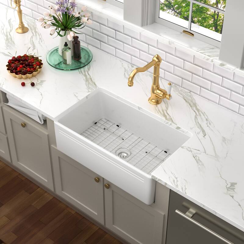 Kichae 30 Inch Ceramic Sink Undermount Farmhouse White Apron Front Kitchen Sink - 30 in.W x 18 in.D x 10 in.H