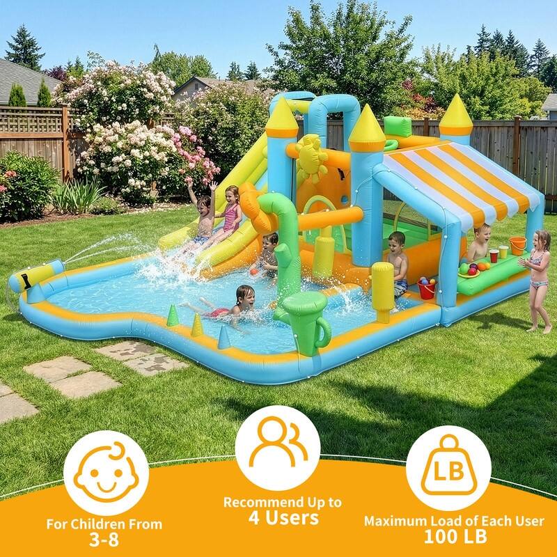 Oxford Cloth Inflatable Castle In Blue Garden Theme Bounce House With Slide, Trampoline And Playhouse - N/A