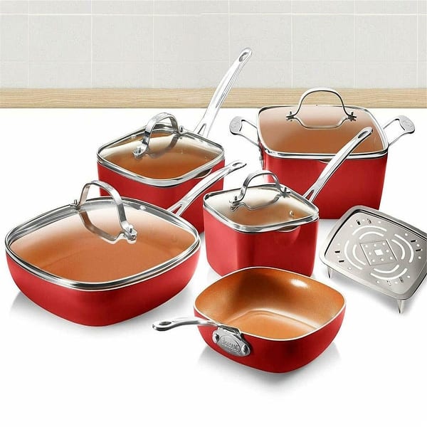Steel Square 10-Piece Nonstick Copper Frying Pan & Cookware Set - RED! -  Bed Bath & Beyond - 31480938