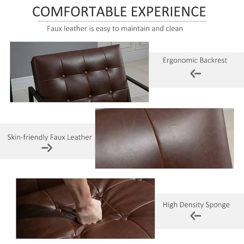 HOMCOM Mid-Century Modern Accent Chair Faux/Leather Sofa Button Tufted Armchair with Metal Frame, Brown - 24.5"x29.25"x30.75"