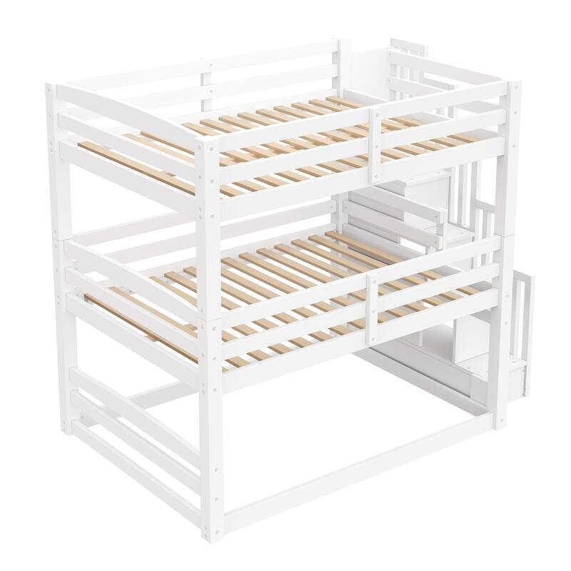 Full Size Triple Bunk Bed with Storage Staircase, Separate Design for Multiple Sleepers