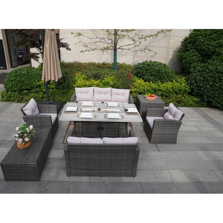 7-Piece Patio Wicker Sofa Set With Aluminum Dining Table and Storage End Table