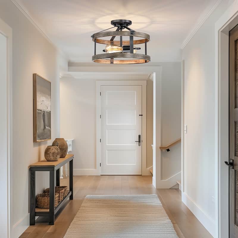13 in. 2-Light Natural Iron and Distressed Faux Wood Industrial Farmhouse Semi-Flush Mount Ceiling Light