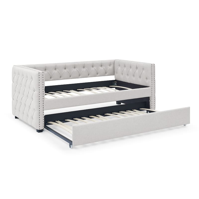 Trundle Upholstered Tufted Sofa Bed,with Button and Copper Nail on Square Arms,both Twin Size