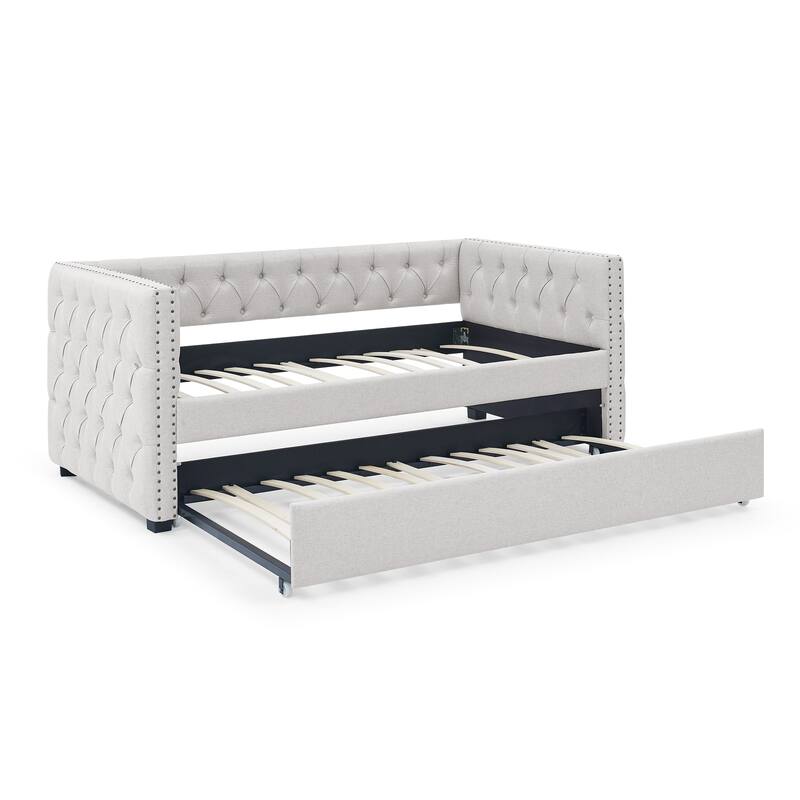 Twin Size Upholstered Tufted Daybed with Button and Copper Nail on Square Arms for Bedroom