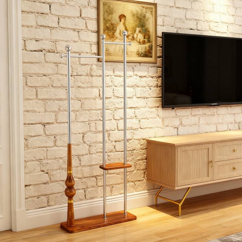 Industrial Coat Rack, Solid Wood and Stainless Steel Coat Stand with 2 Layer Storage, for Coats and Hats